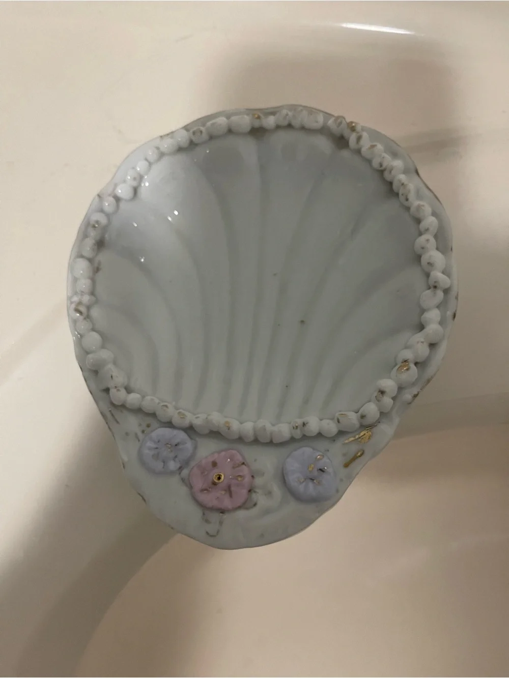 White ceramic soap dish with pink/Lavendar & New Honeysuckle Soap!
